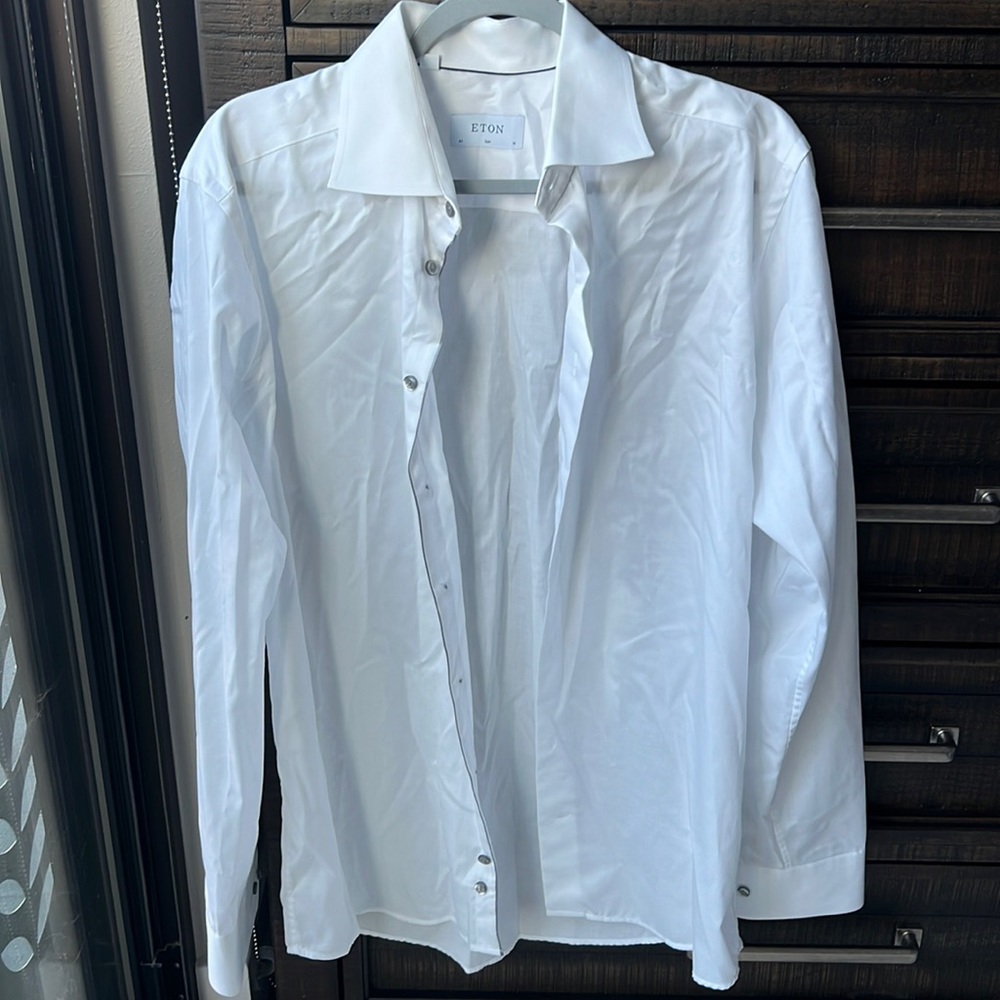 White Eton button down with silver buttons